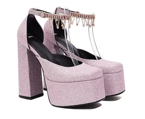 Women's Bling Bling Glossy Round Toe Ankle Strap Chains Chunky Heel High Heels Platform Sandals