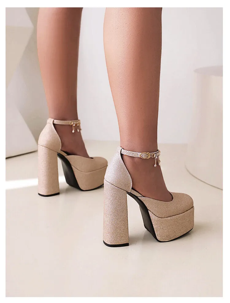 Women's Bling Bling Glossy Round Toe Ankle Strap Chains Chunky Heel High Heels Platform Sandals