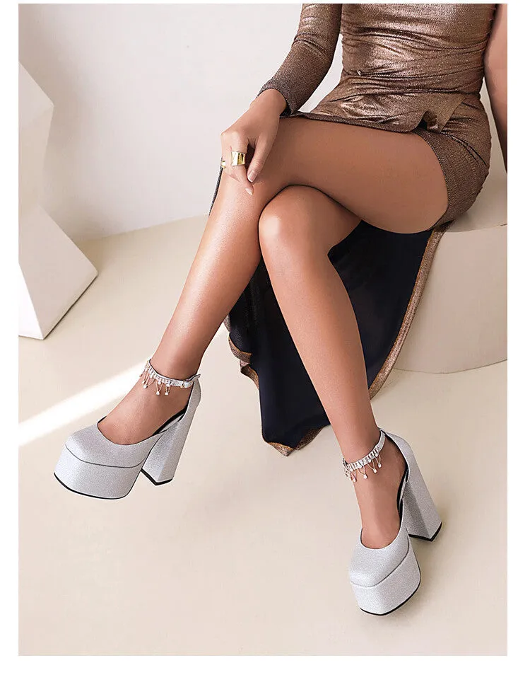 Women's Bling Bling Glossy Round Toe Ankle Strap Chains Chunky Heel High Heels Platform Sandals