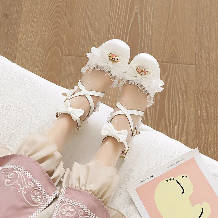 Women's Lolita Lace Butterfly Knot Chunky Heel Platform Sandals