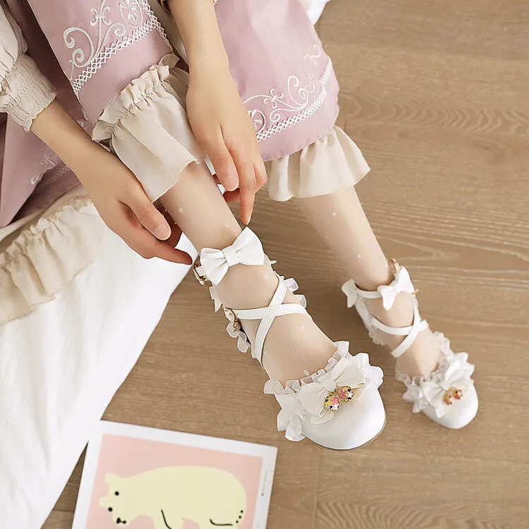 Women's Lolita Lace Butterfly Knot Chunky Heel Platform Sandals