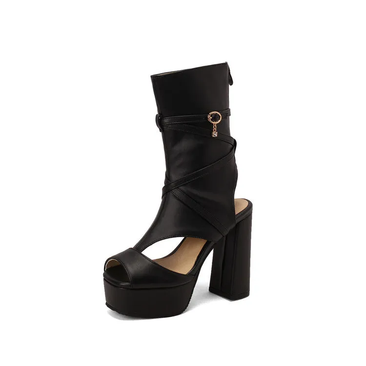 Women's Open Toe Cutout Chunky Heel Platform Sandals