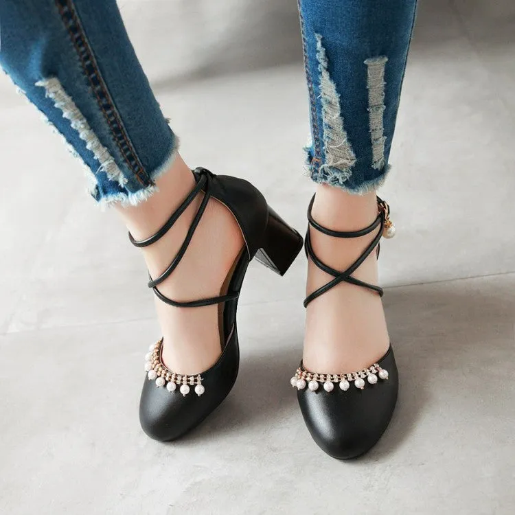 Women's Pearls Ankle Wrap High Heels Block Heel Sandals