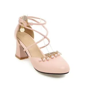 Women's Pearls Ankle Wrap High Heels Block Heel Sandals