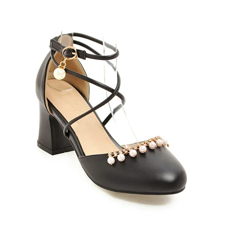Women's Pearls Ankle Wrap High Heels Block Heel Sandals