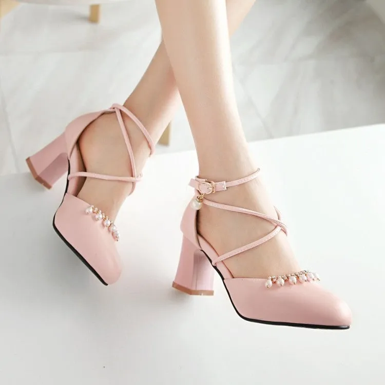 Women's Pearls Ankle Wrap High Heels Block Heel Sandals