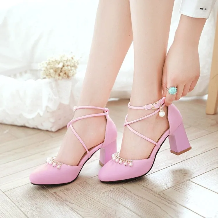 Women's Pearls Ankle Wrap High Heels Block Heel Sandals