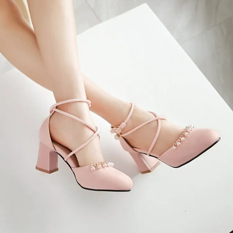 Women's Pearls Ankle Wrap High Heels Block Heel Sandals