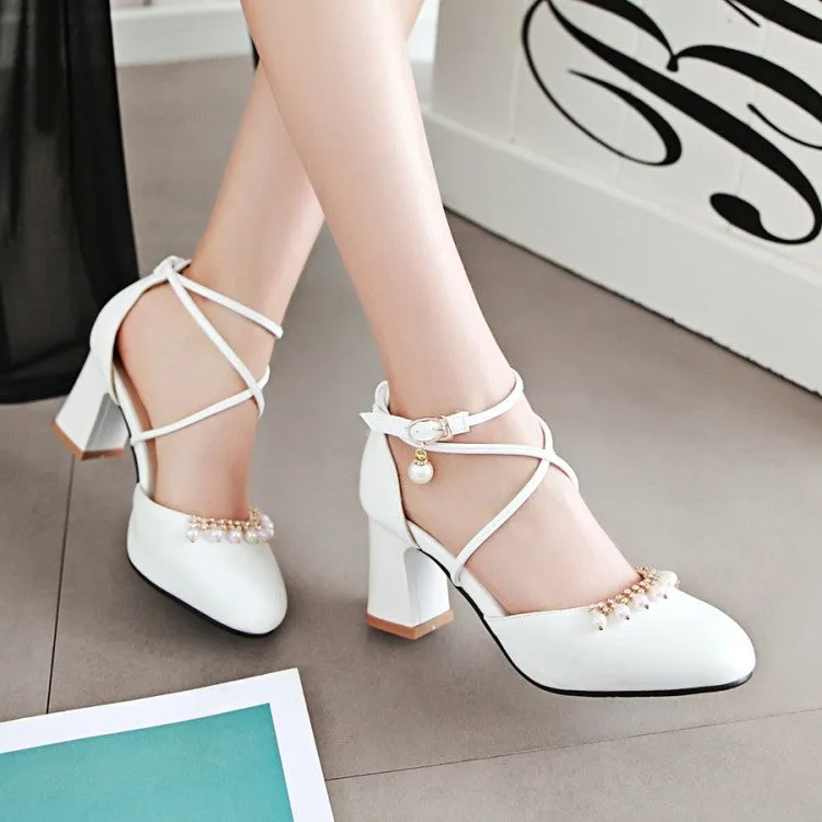 Women's Pearls Ankle Wrap High Heels Block Heel Sandals