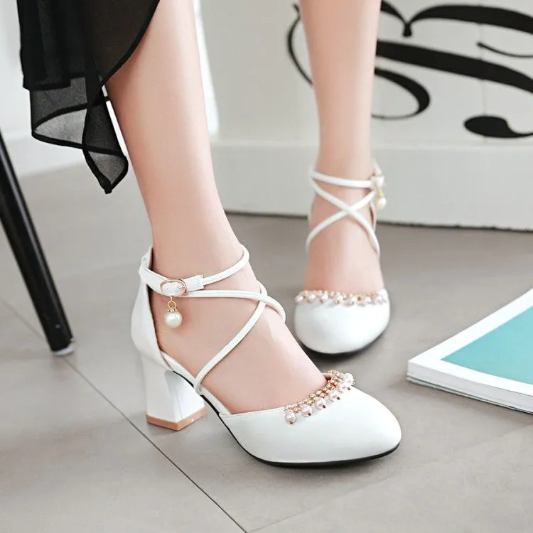 Women's Pearls Ankle Wrap High Heels Block Heel Sandals