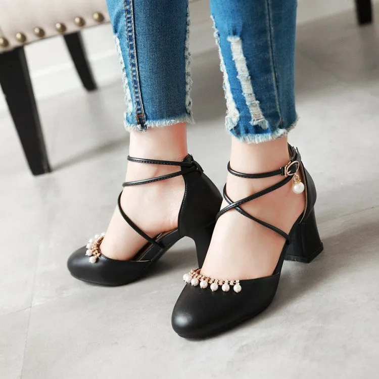 Women's Pearls Ankle Wrap High Heels Block Heel Sandals