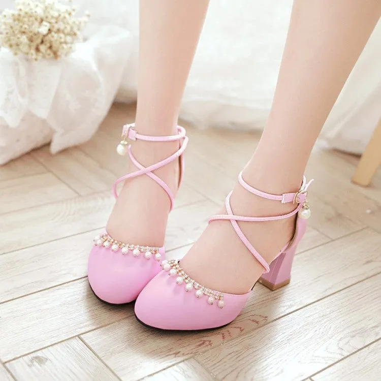 Women's Pearls Ankle Wrap High Heels Block Heel Sandals