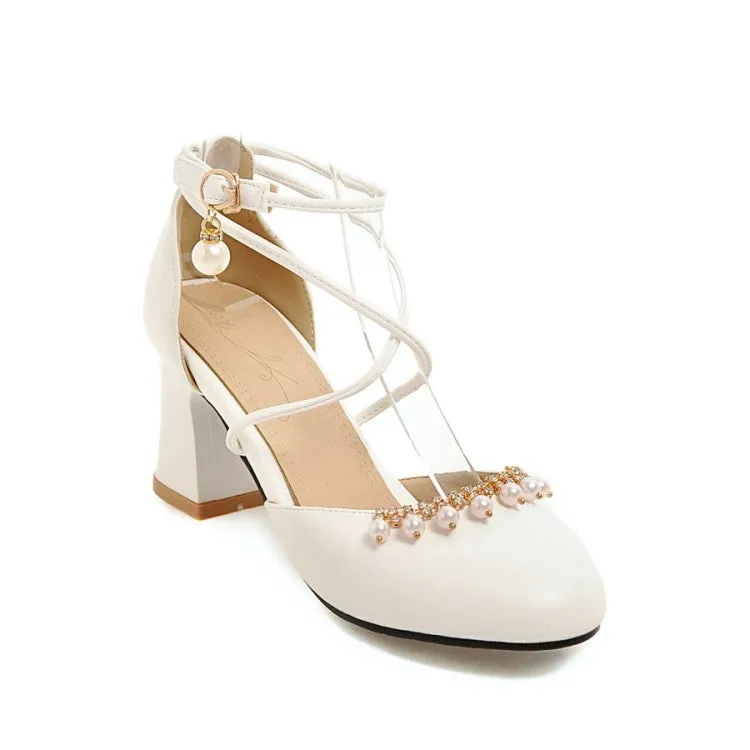 Women's Pearls Ankle Wrap High Heels Block Heel Sandals