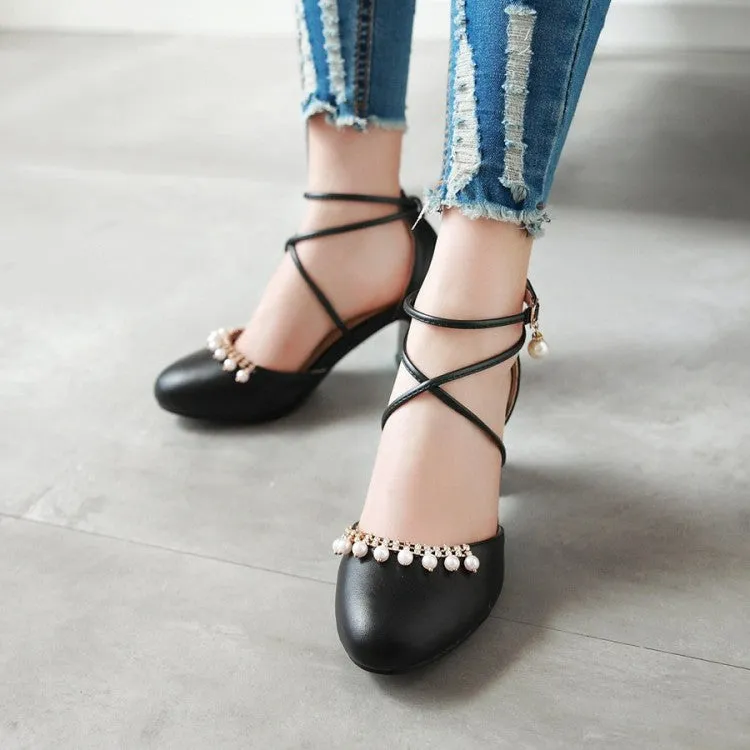 Women's Pearls Ankle Wrap High Heels Block Heel Sandals