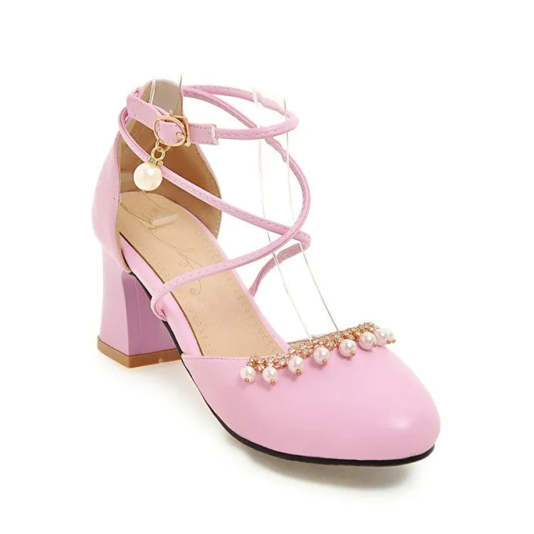 Women's Pearls Ankle Wrap High Heels Block Heel Sandals