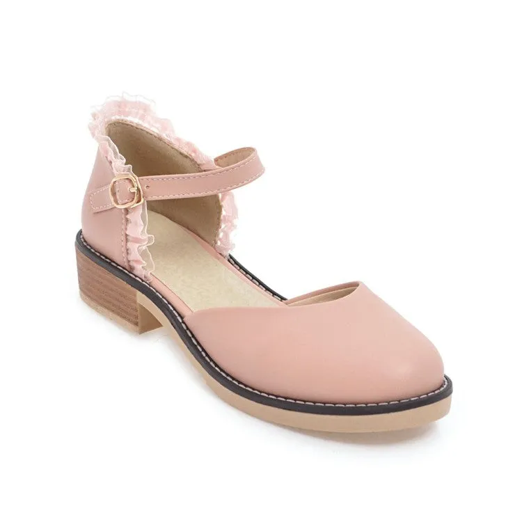 Women's Round Toe Hollow Out Lace Ankle Strap Block Heel Sandals