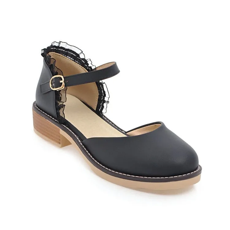 Women's Round Toe Hollow Out Lace Ankle Strap Block Heel Sandals