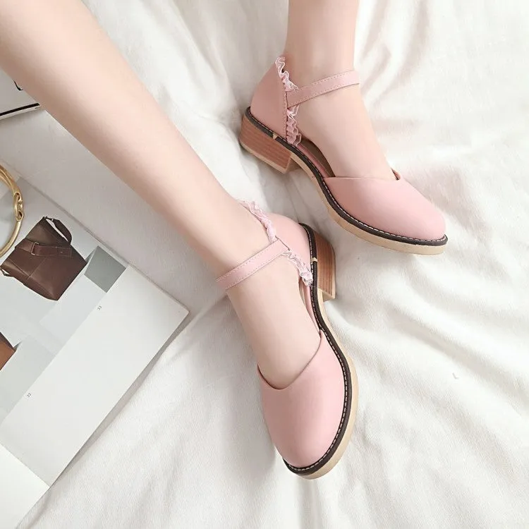 Women's Round Toe Hollow Out Lace Ankle Strap Block Heel Sandals
