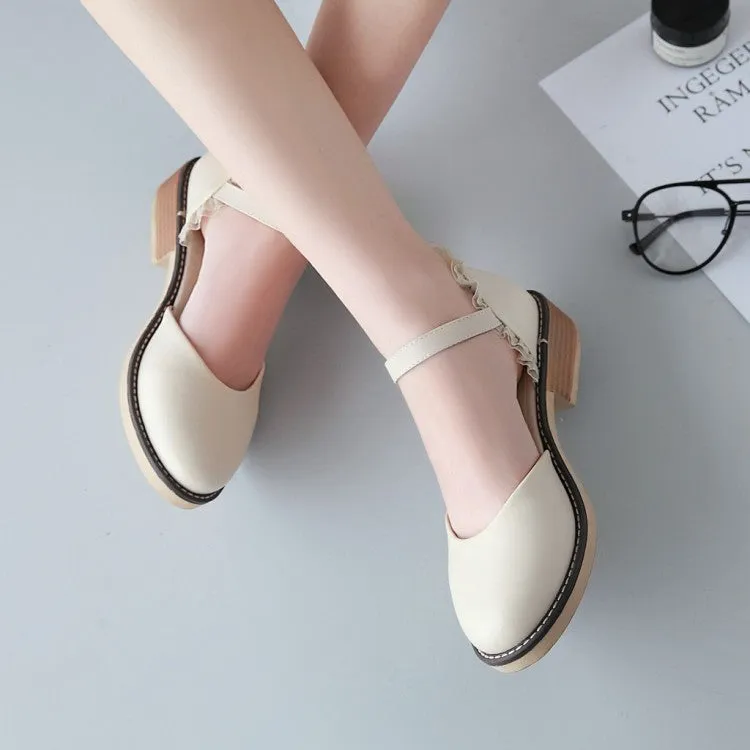 Women's Round Toe Hollow Out Lace Ankle Strap Block Heel Sandals