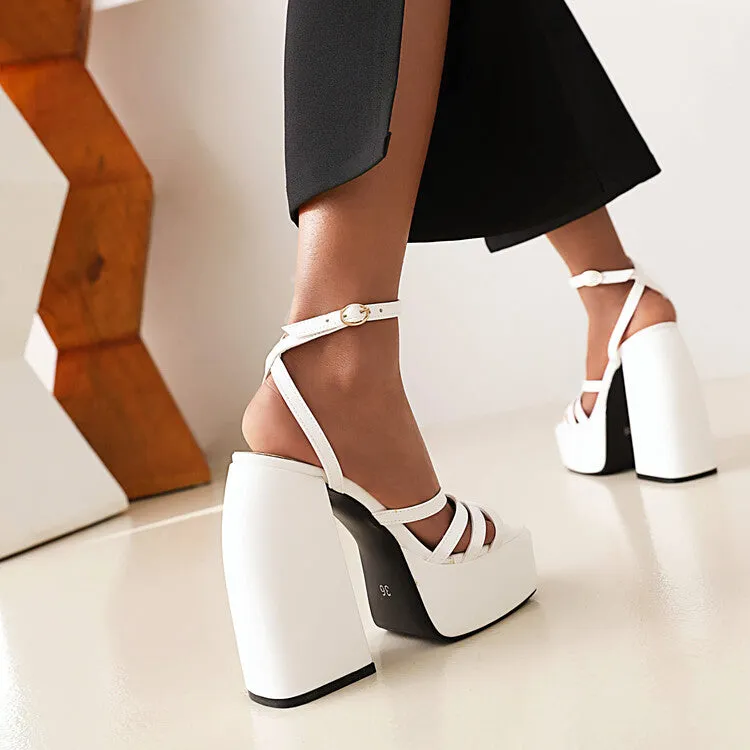 Women's Solid Color Hollow Out Ankle Strap Platform Chunky Heel Sandals