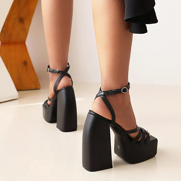 Women's Solid Color Hollow Out Ankle Strap Platform Chunky Heel Sandals