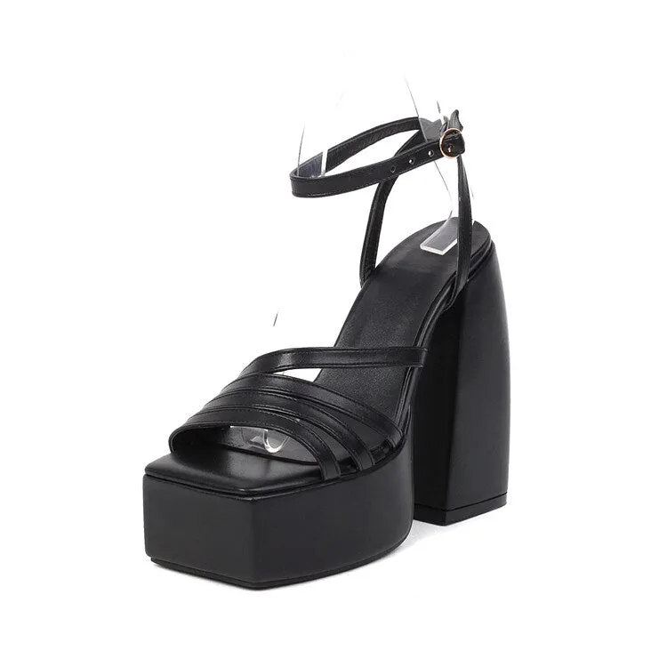 Women's Solid Color Hollow Out Ankle Strap Platform Chunky Heel Sandals