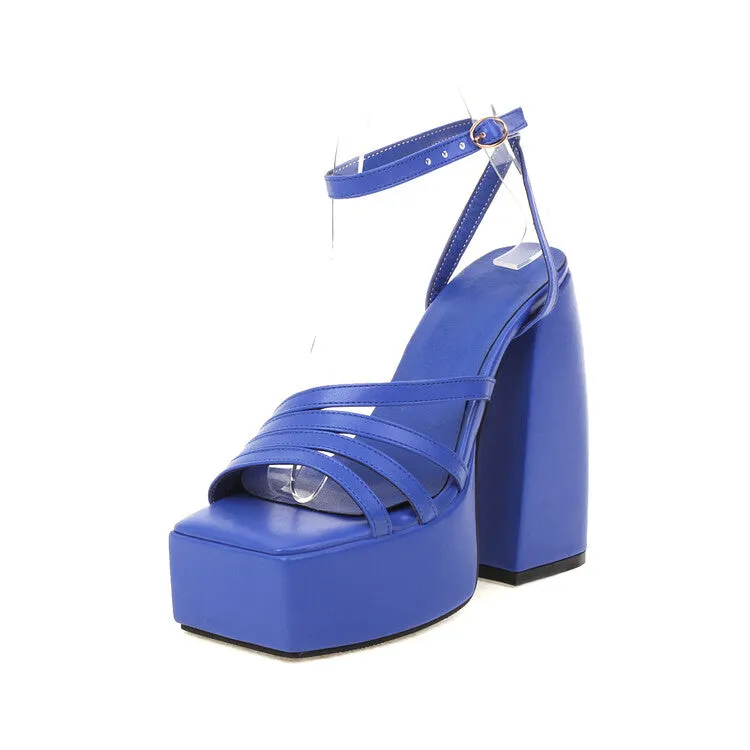 Women's Solid Color Hollow Out Ankle Strap Platform Chunky Heel Sandals