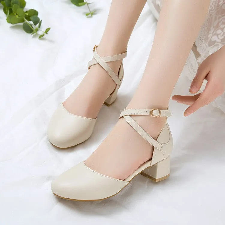 Women's Solid Color Round Toe Cross Strap Block Heel Sandals