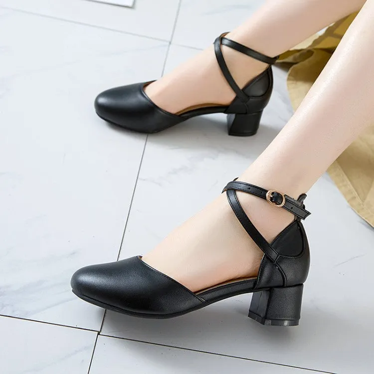 Women's Solid Color Round Toe Cross Strap Block Heel Sandals