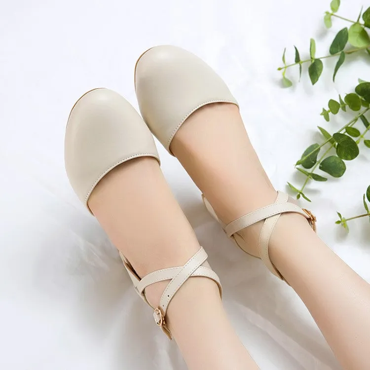 Women's Solid Color Round Toe Cross Strap Block Heel Sandals