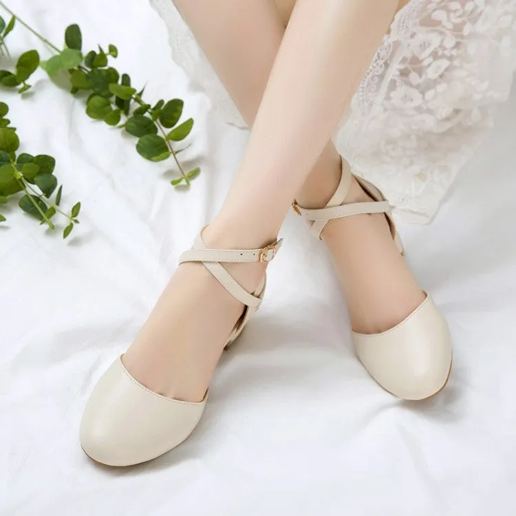 Women's Solid Color Round Toe Cross Strap Block Heel Sandals