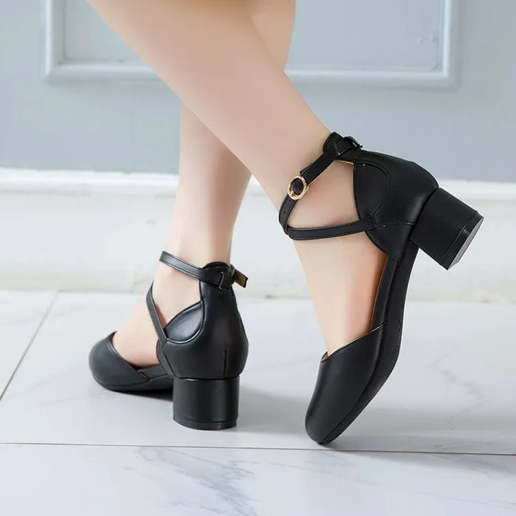 Women's Solid Color Round Toe Cross Strap Block Heel Sandals