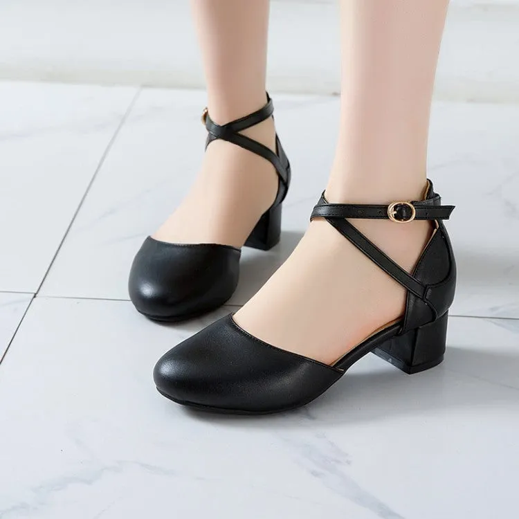 Women's Solid Color Round Toe Cross Strap Block Heel Sandals