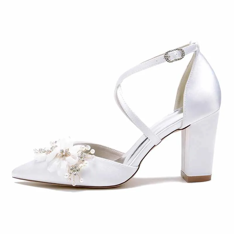 Women's Wedding Shoes Cross Strap Satin Block Heel Wedding Sandals Bridal Shoes