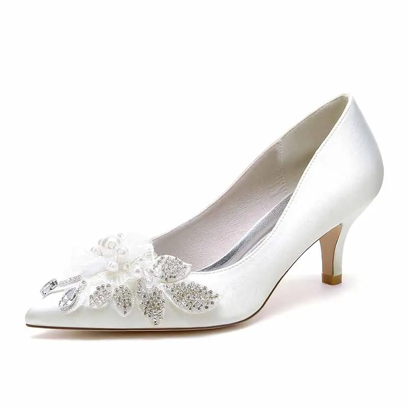 Women's Wedding Shoes Satin Kitten Heel Point Toe Wedding Heels Bridal Shoes Flower Pearl Rhinestone