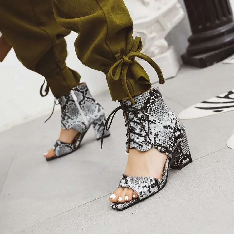 Women's Woven Snake Print Tied Strap Chunky Heel Sandals