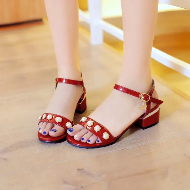 Women's's Chunky Heel Solid Color Peep Toe Buckle Strap Pearls Sandals