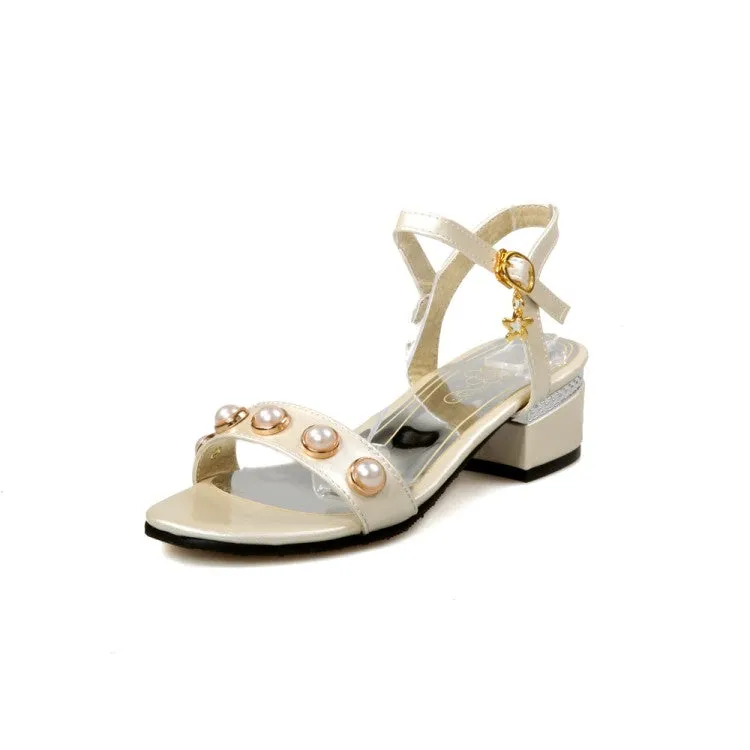 Women's's Chunky Heel Solid Color Peep Toe Buckle Strap Pearls Sandals
