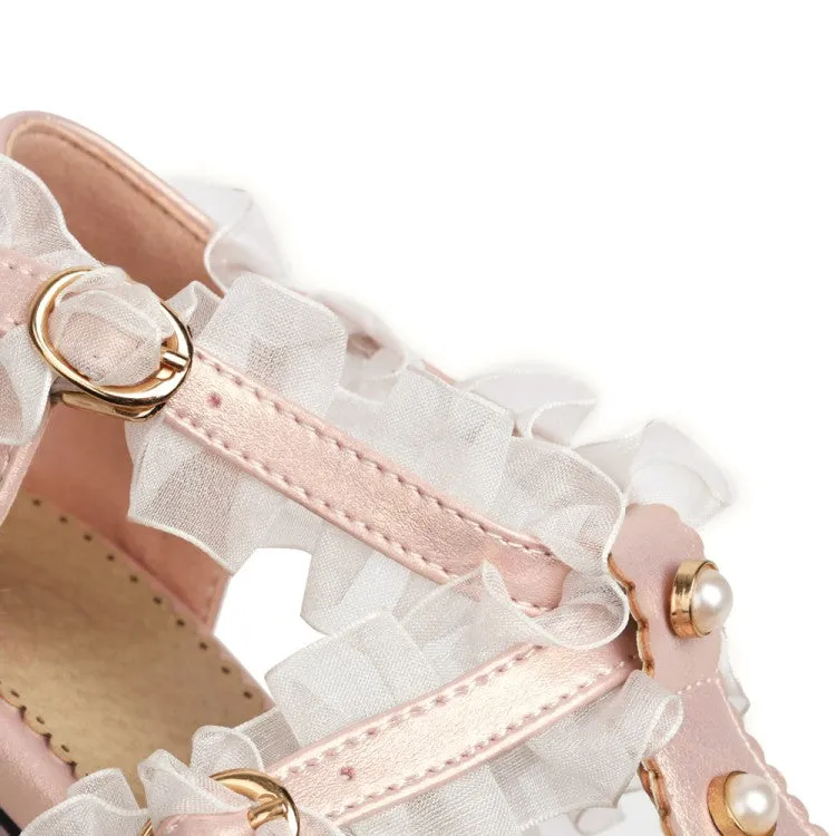 Women's's Lolita Closed Toe Lace Butterfly Knot Chunky Heel Sandals