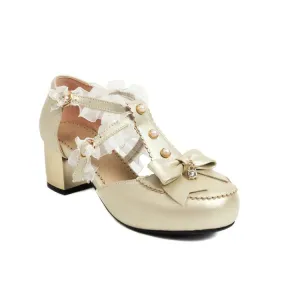 Women's's Lolita Closed Toe Lace Butterfly Knot Chunky Heel Sandals