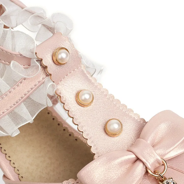 Women's's Lolita Closed Toe Lace Butterfly Knot Chunky Heel Sandals