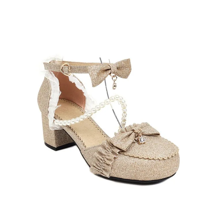 Women's's Lolita Round Closed Toe Lace Beading Block Heel Sandals