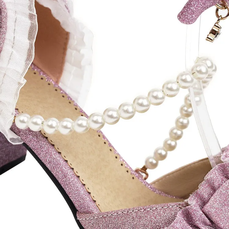 Women's's Lolita Round Closed Toe Lace Beading Block Heel Sandals