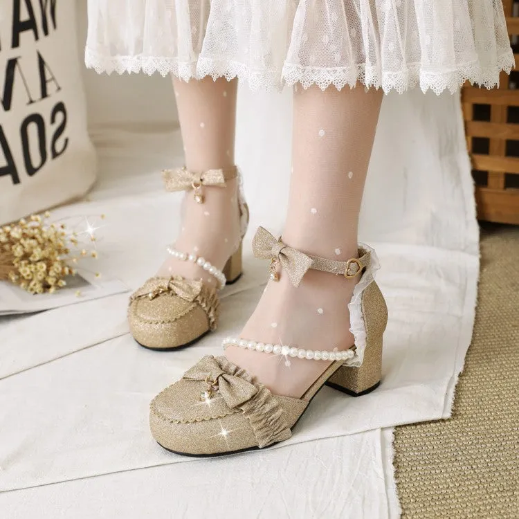 Women's's Lolita Round Closed Toe Lace Beading Block Heel Sandals