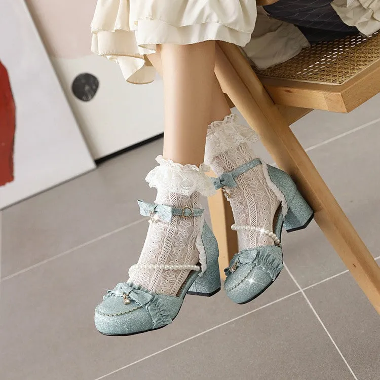 Women's's Lolita Round Closed Toe Lace Beading Block Heel Sandals